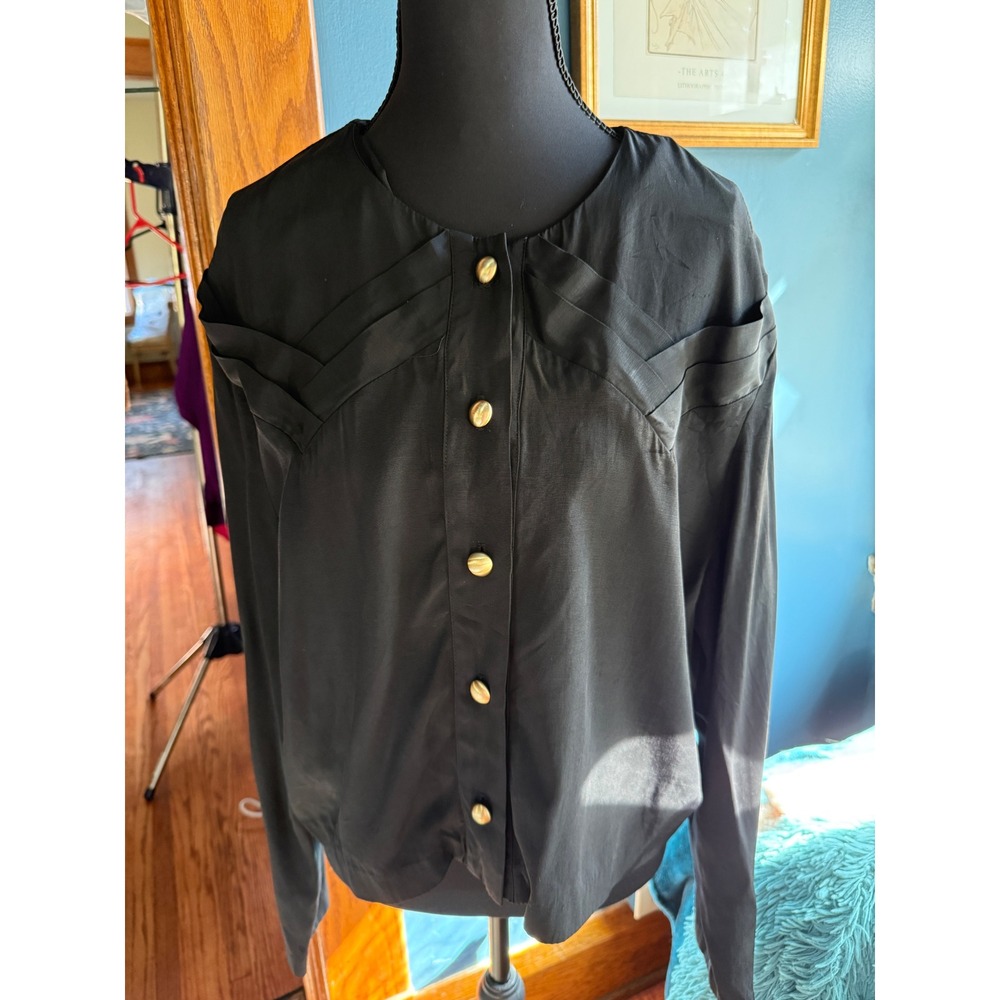Vintage B.G.B. LTD Black Art Deco Blouse 1980s Gold Button Pleated Top